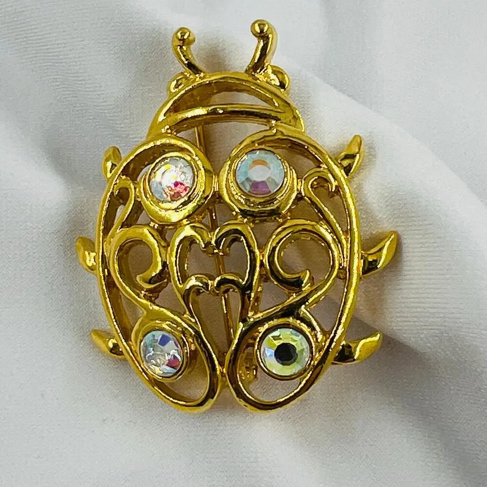 Vintage Torino Gold Tone and AB Rhinestone Ladybug Brooch Fairycore Romantic Pin